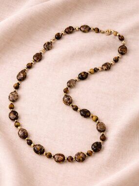 Brown Swirl Bead Necklace Gold Tone Tiger Eye Boho Artisan 22"